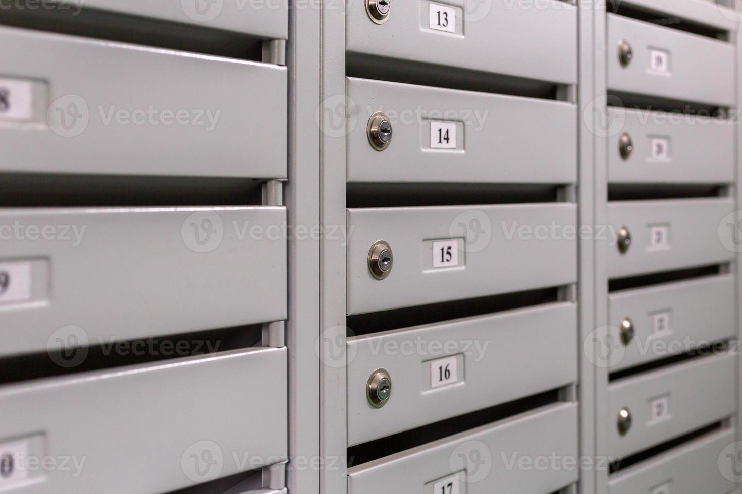 mailboxes on the landing of russian condominium - close-up view with selective focus and linear perspective photo