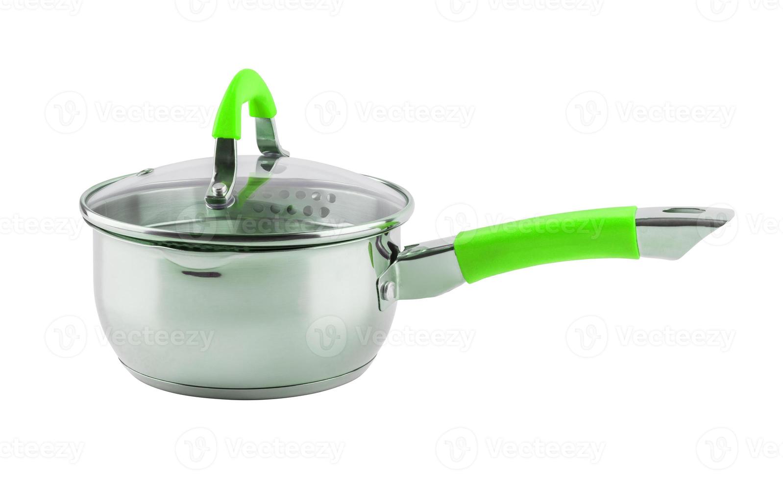 small shiny stainless steel pot with green handle and glass lid - isolated on white photo