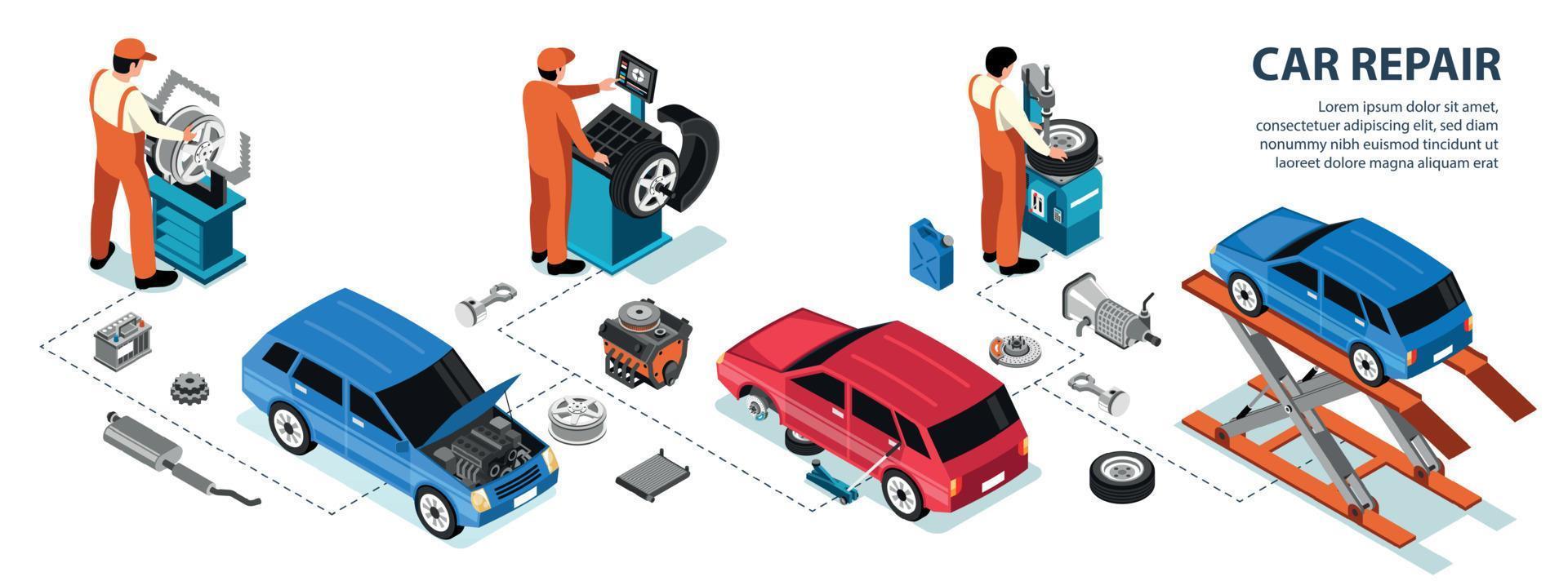 infografía isométrica de reparación de automóviles vector