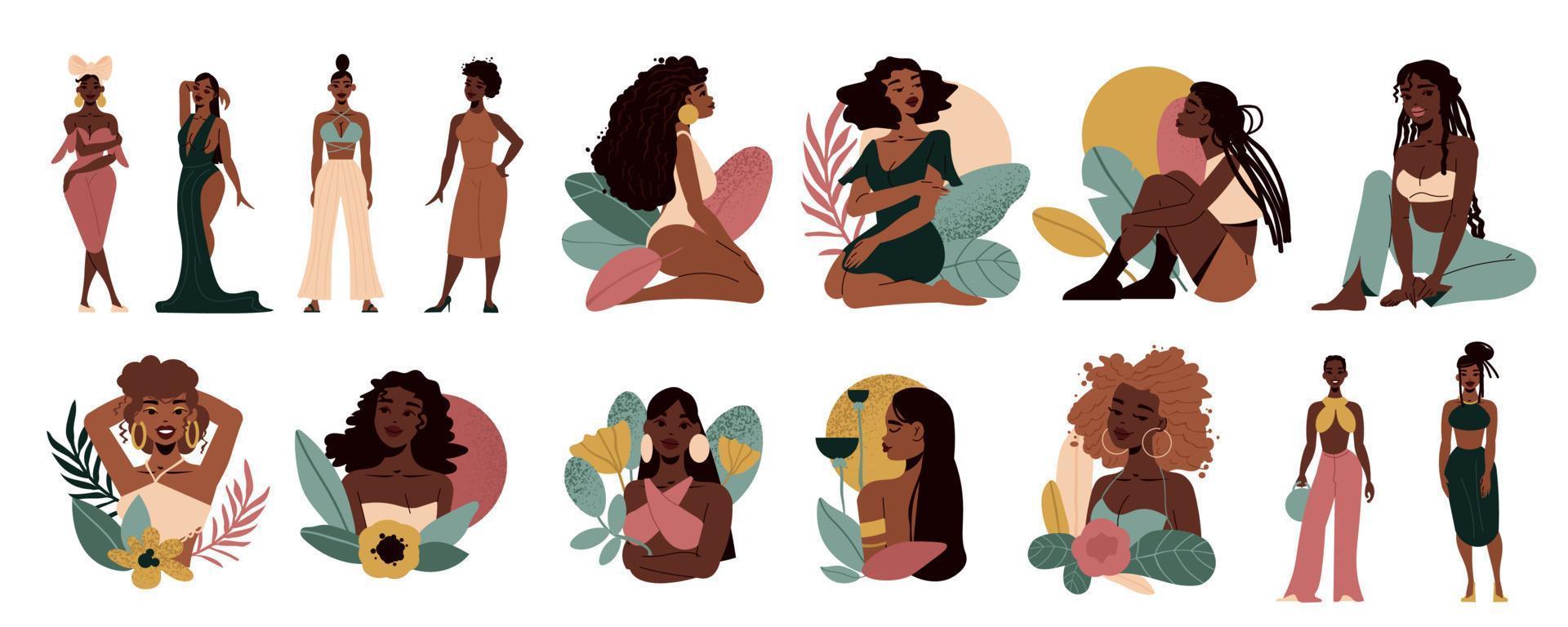 conjunto de iconos de mujer niña negra vector