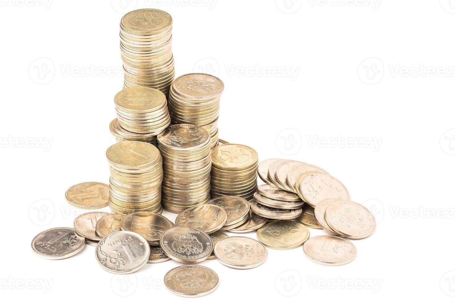 Russian rubl coin stacks group with small pile under it isolated on white background photo