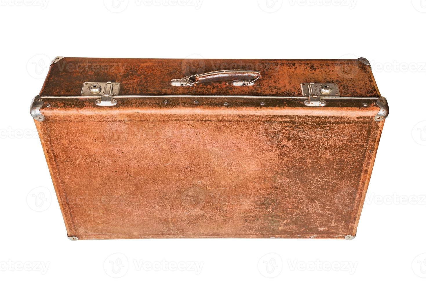 old closed brown soviet fiber suitcase isolated on white background photo