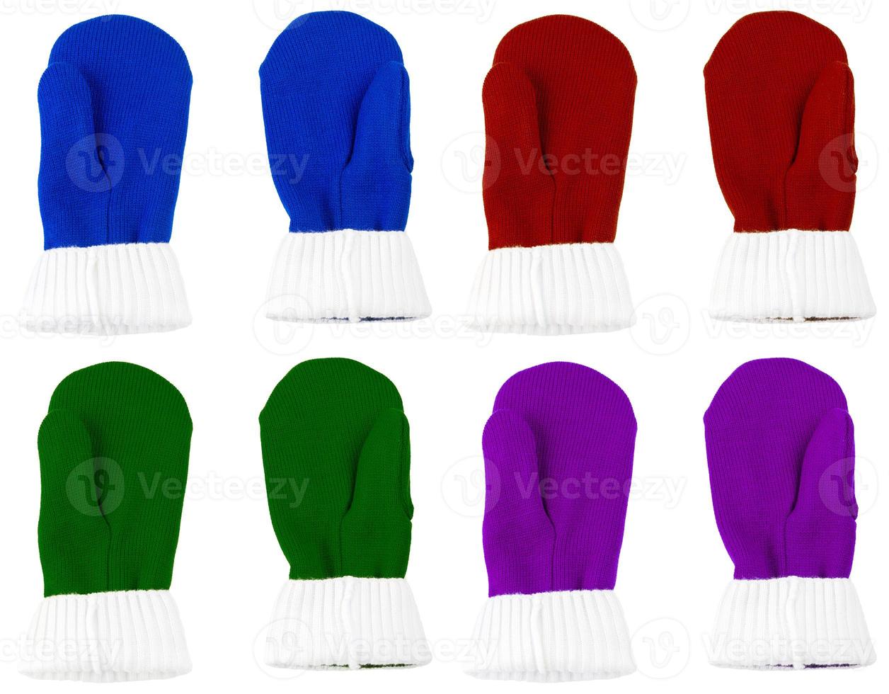 set of color knited mittens isolated on white background photo