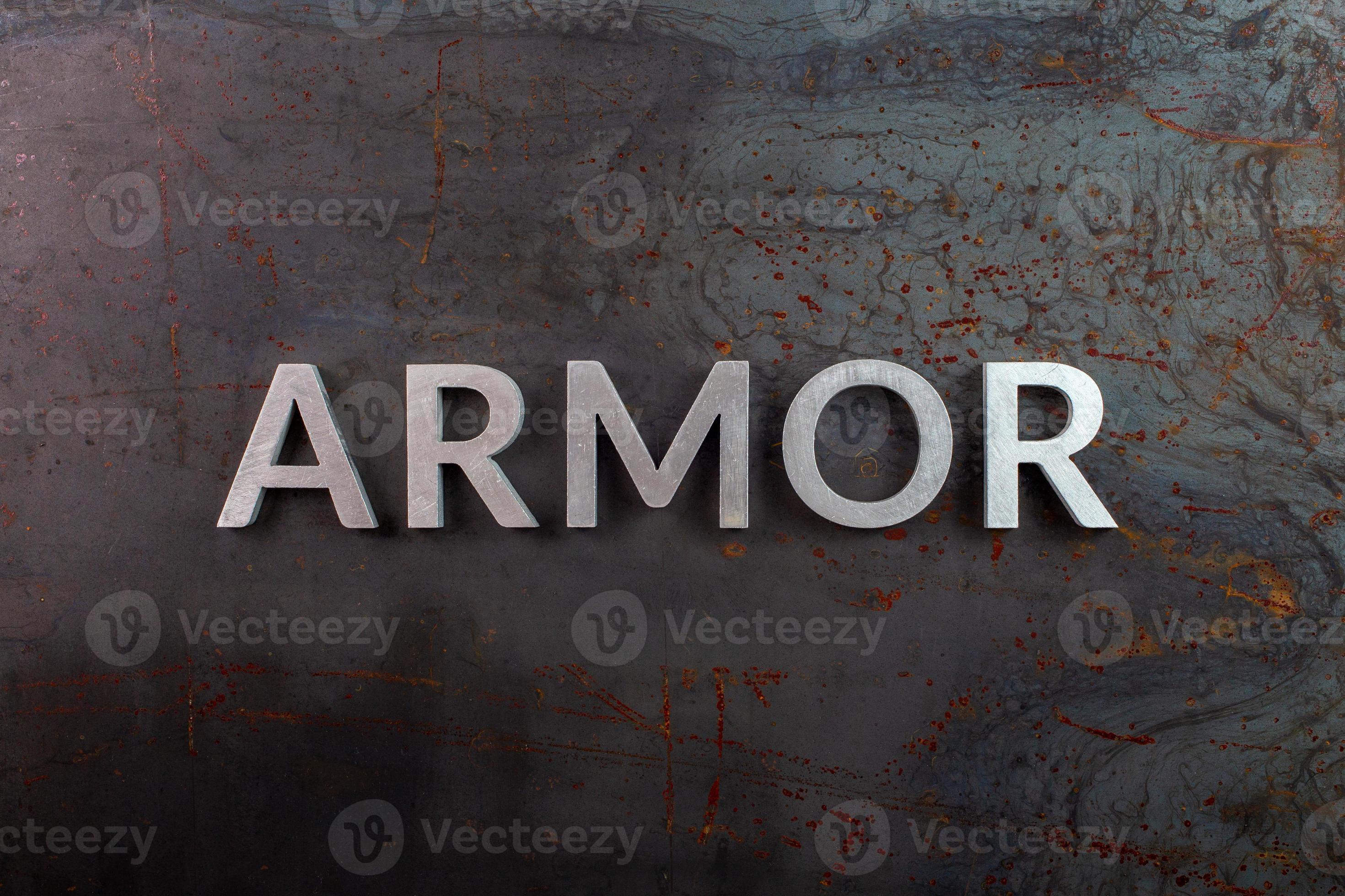 the word armor laid with silver metal letters on rusted iron flat surface background 12632389
