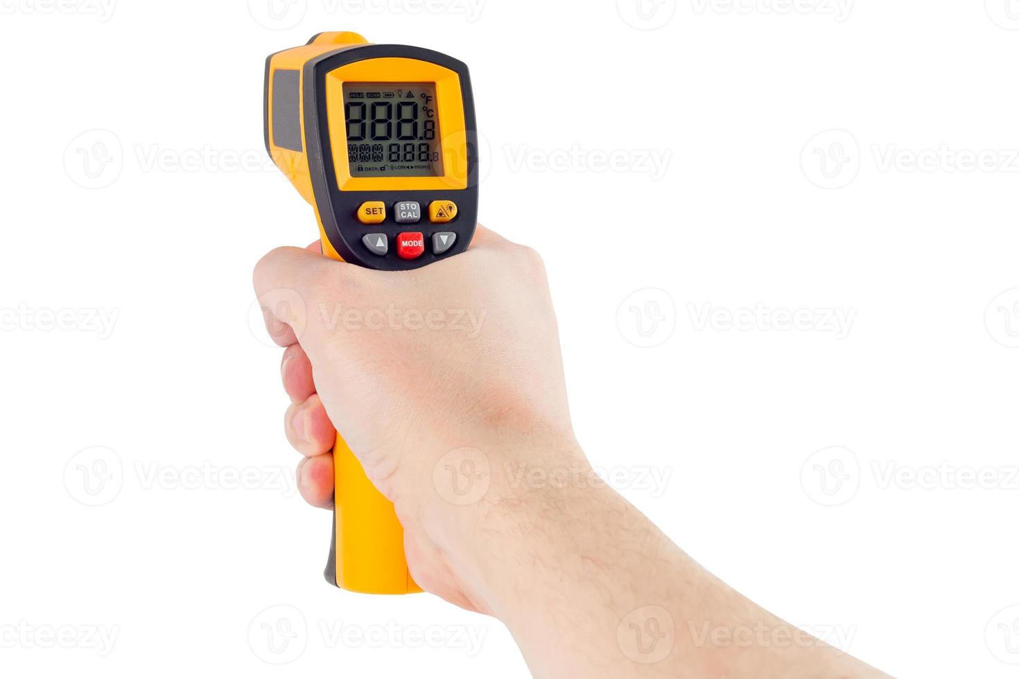 hand aiming with infrared contactless thermometer isolated on white background, mockup display state photo