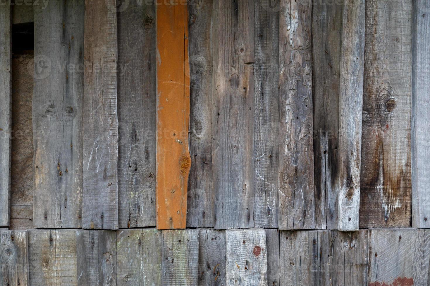vertical gray messy wooden planks with one brown - wall suface texture and background photo