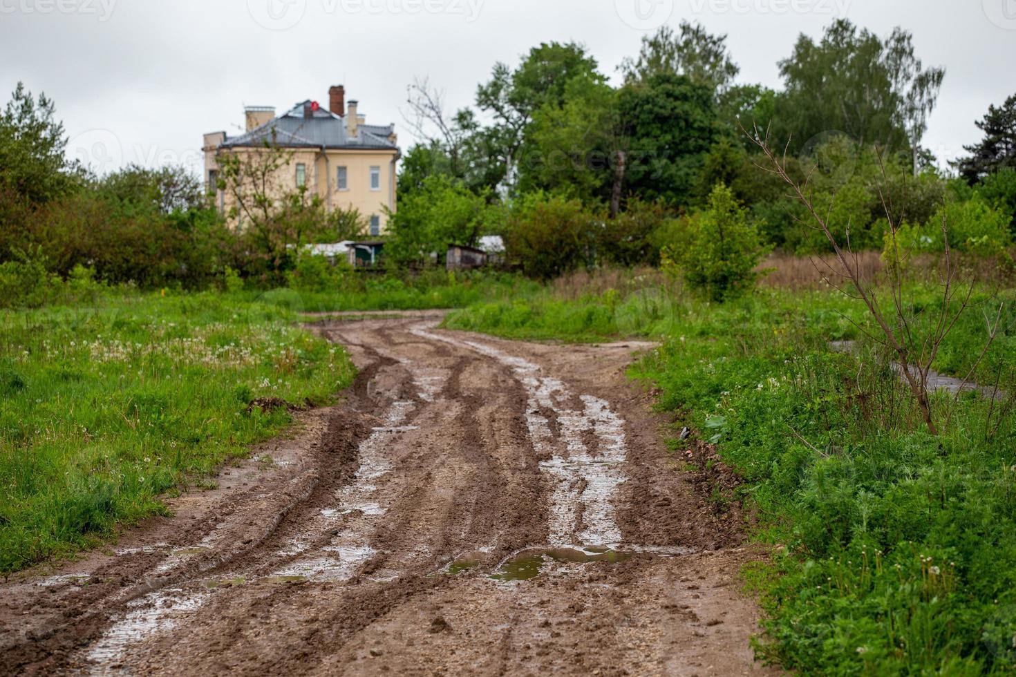dirty clay mud road with puddles and tire tracks - closeup with selective focus and linear perspective photo
