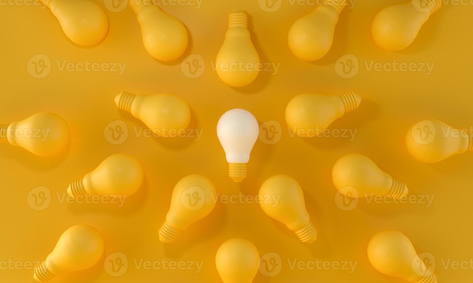 Light Bulb Standing Out From the Crowd on yellow background. ideas and creativity concept. 3d rendering. photo
