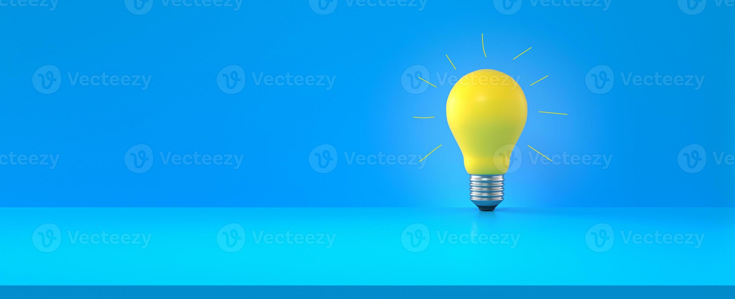 Light bulb with handmade gloss lines on blue background. Panoramic composition with copy space. Creativity, innovation concept. 3d rendering. photo