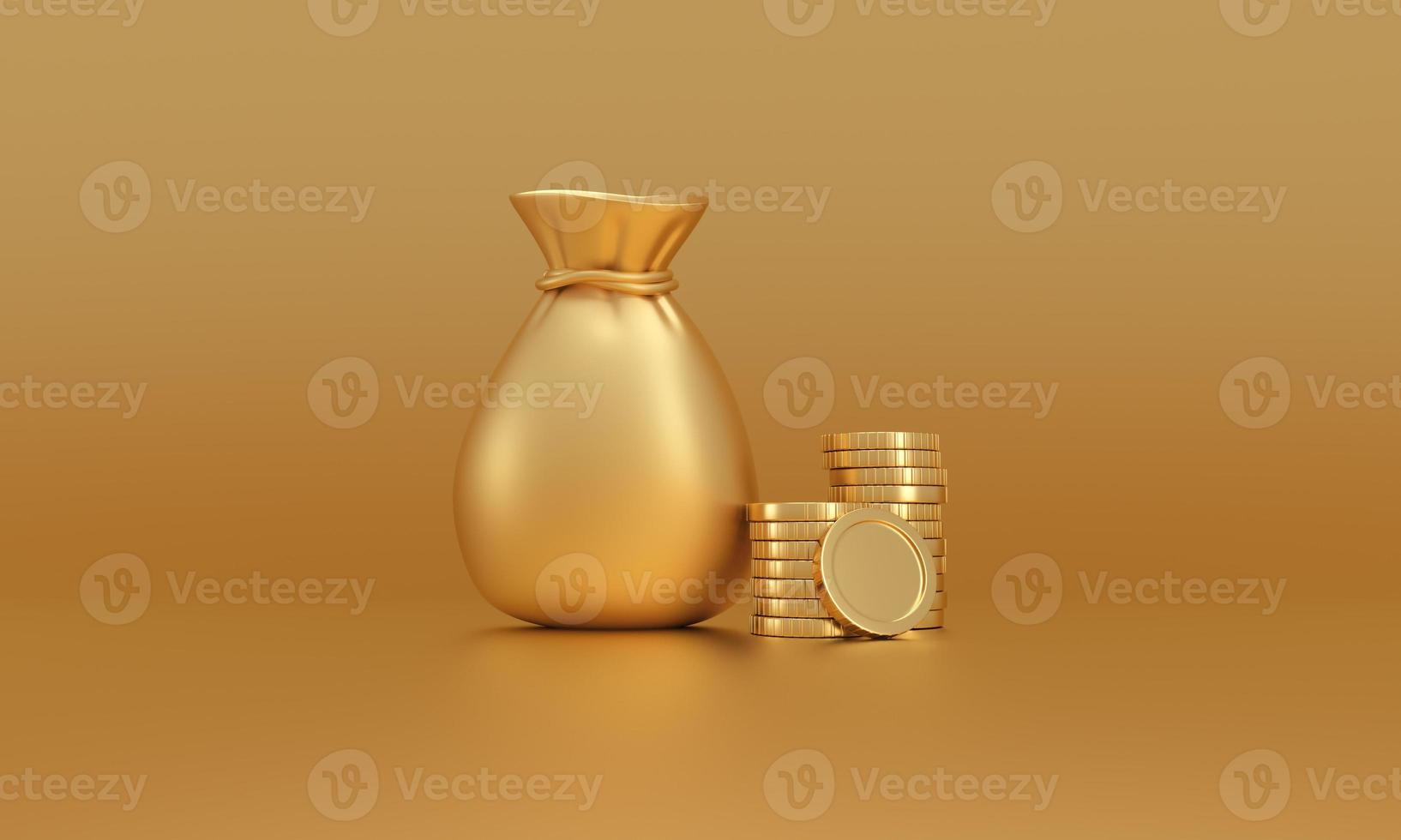 Golden Money sack bag and stack of coins isolated on gold background. money savings concept. minimal cartoon design. photo