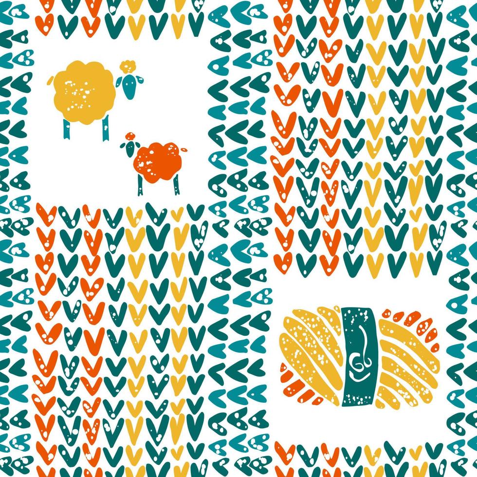 Knitted pattern with sheeps and yarn vector