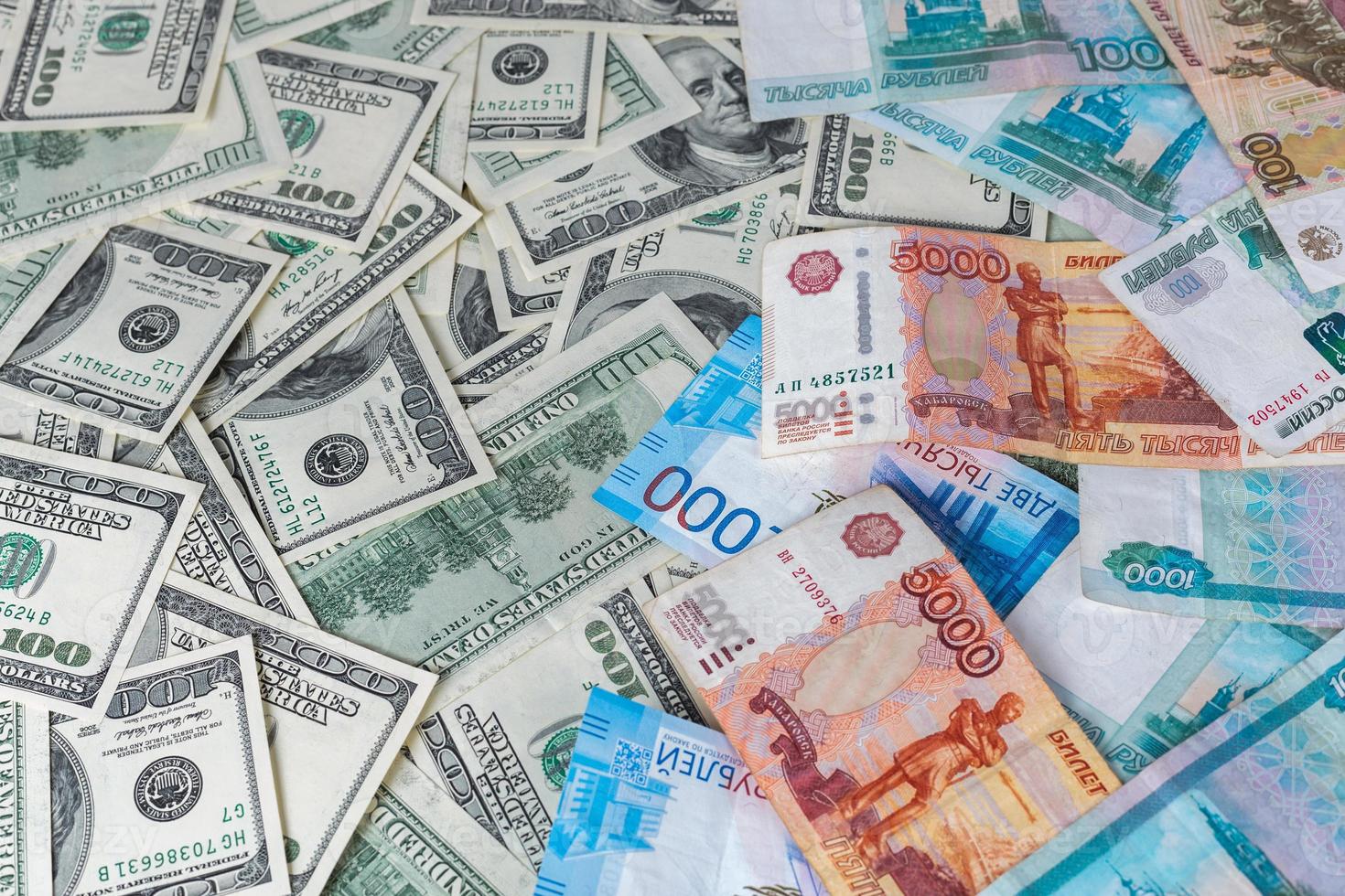 russian rubl and us dollar banknotes close-up with selective focus photo