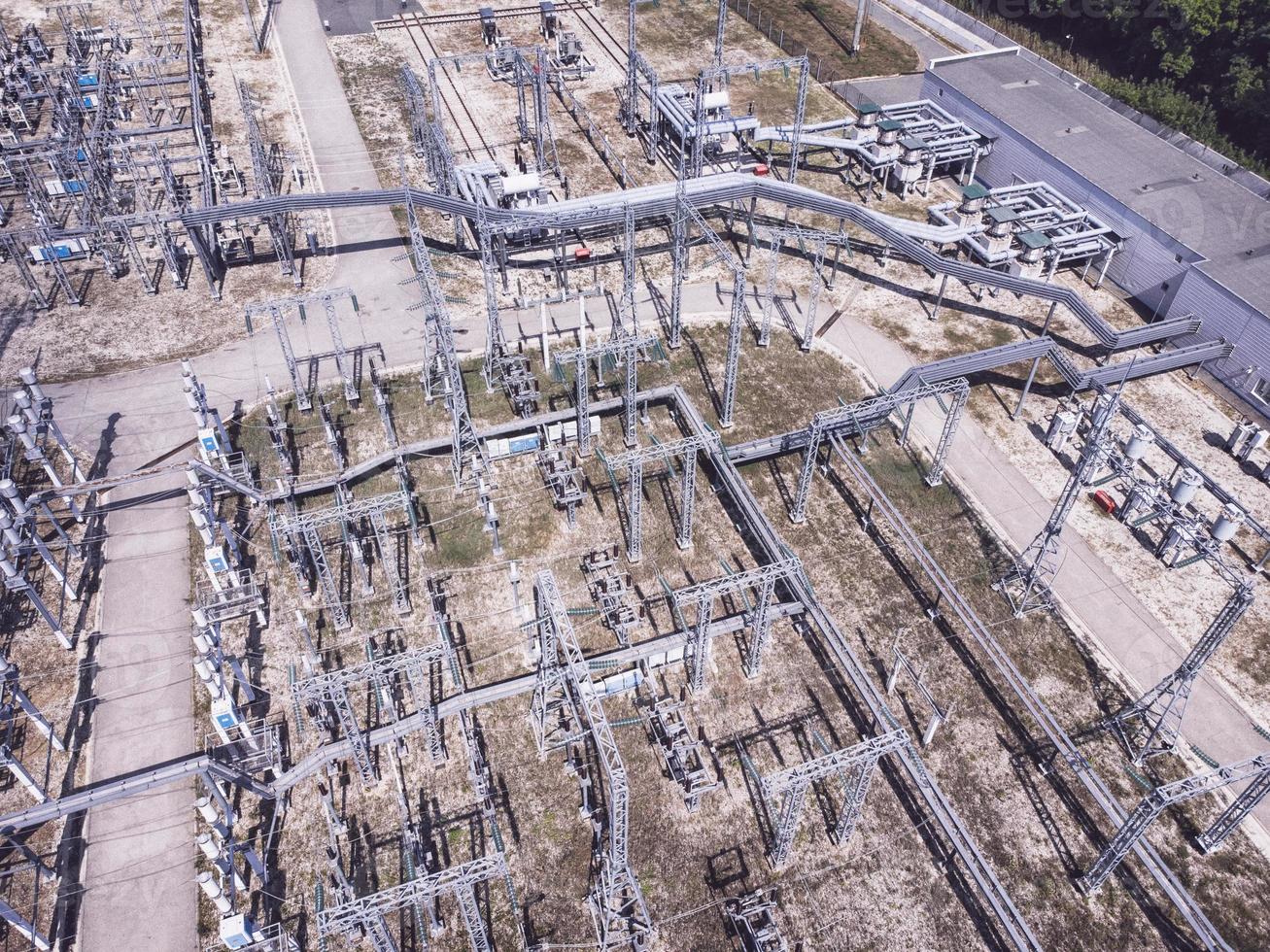 Aerial view of electric high voltage substation. photo