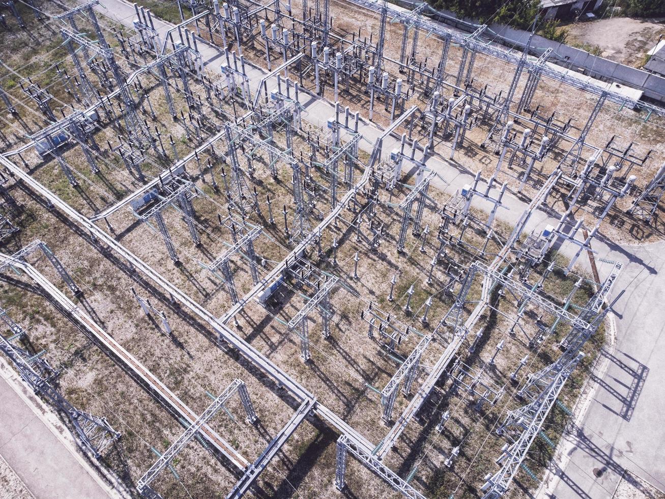 Aerial view of electric high voltage substation. photo
