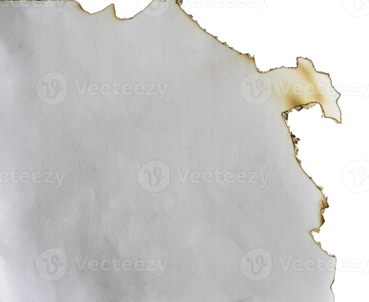 burnt paper frame for texture overlay. damaged white paper with burnt stain in transparent background. blank ripped paper edge for a design element. png