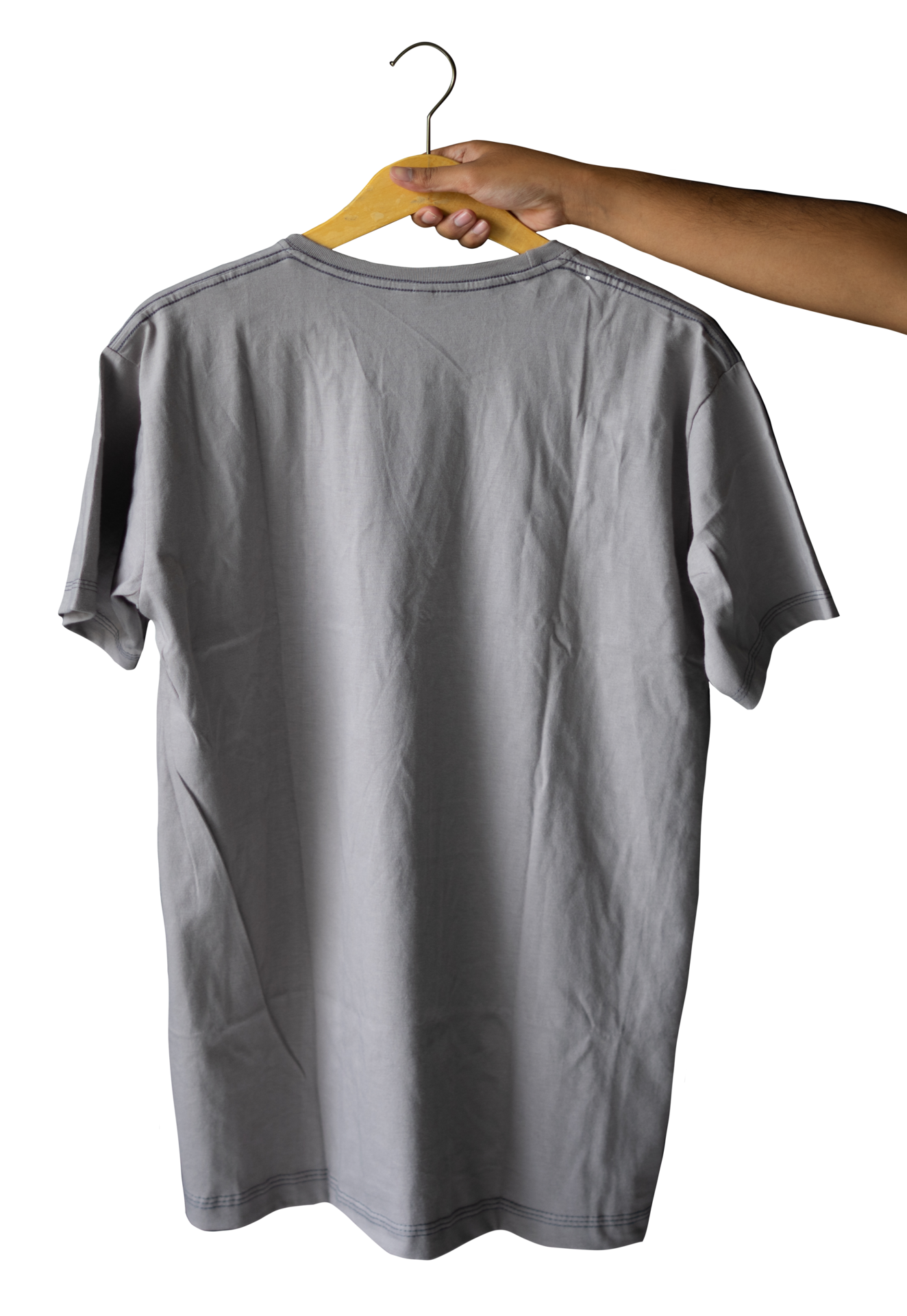 hand holding plain tshirt hanger for mockups template with full back