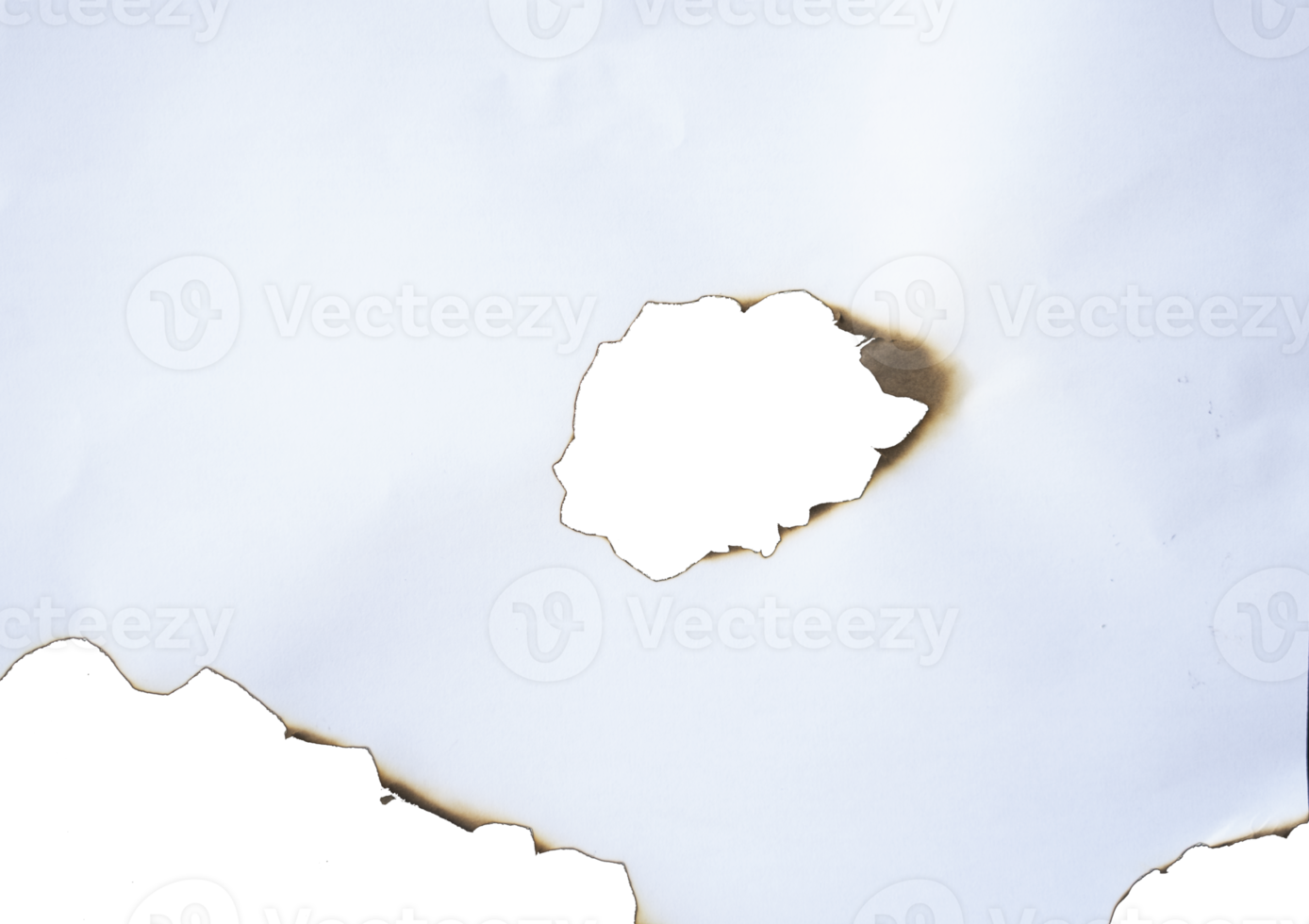 burnt paper frame for texture overlay. damaged white paper with burnt stain in transparent background. blank ripped paper edge for a design element. png