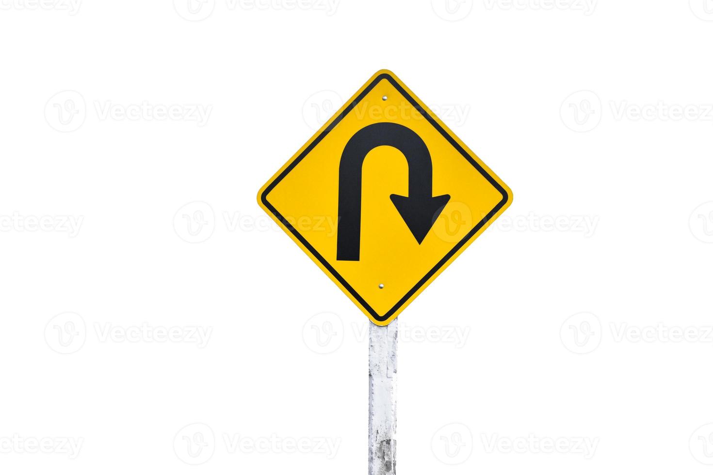 Traffic sign, Right U turn sign on cement pole beside the rural road with white cloudy bluesky background, copy space. photo