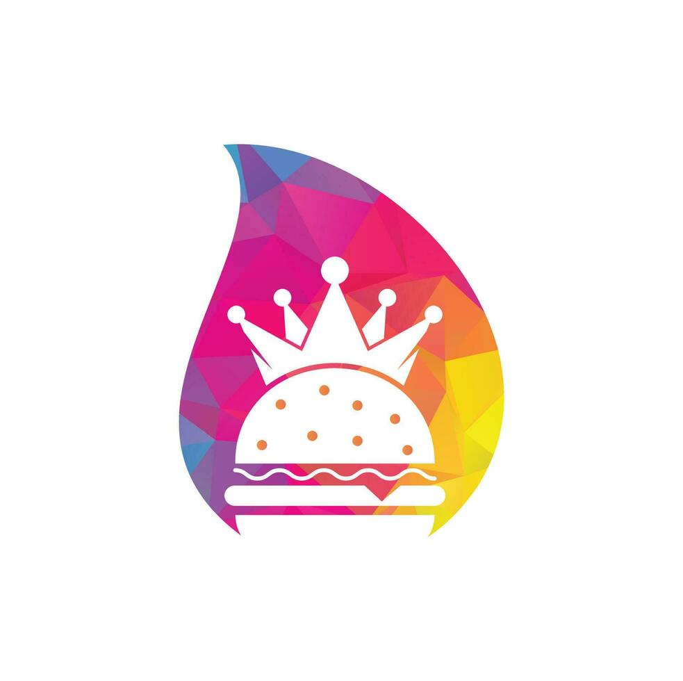 Burger king drop shape concept vector logo design. Burger with crown icon logo concept.