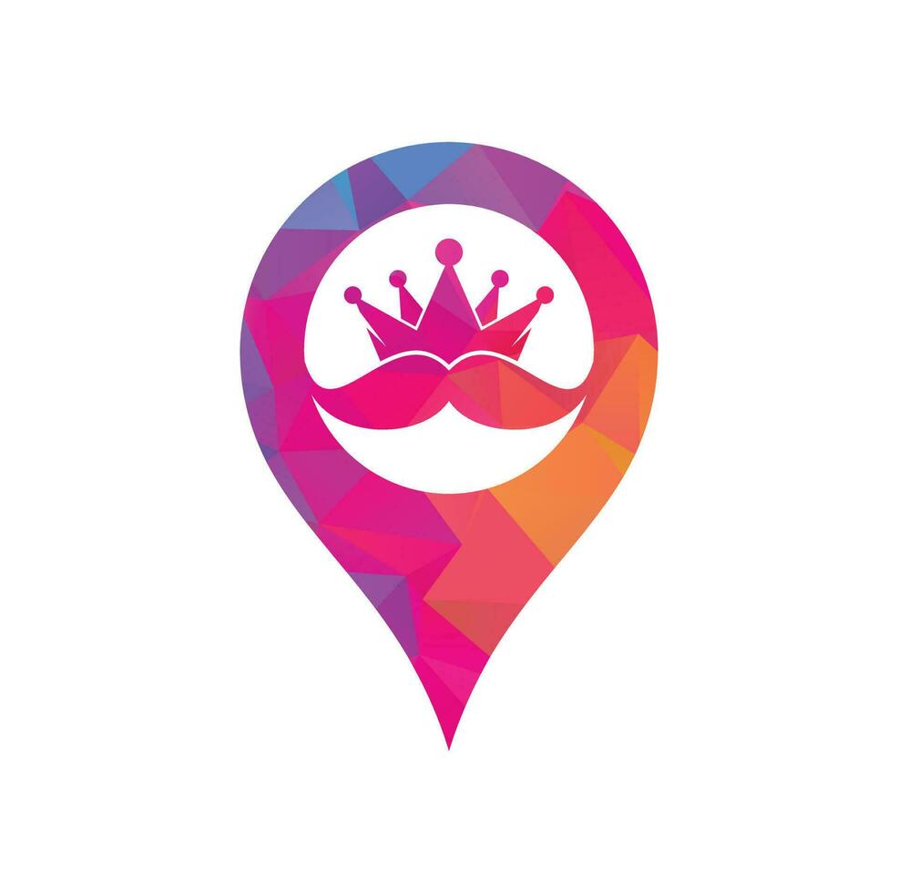 Mustache king map pin shape concept vector logo design. Elegant stylish mustache crown logo.