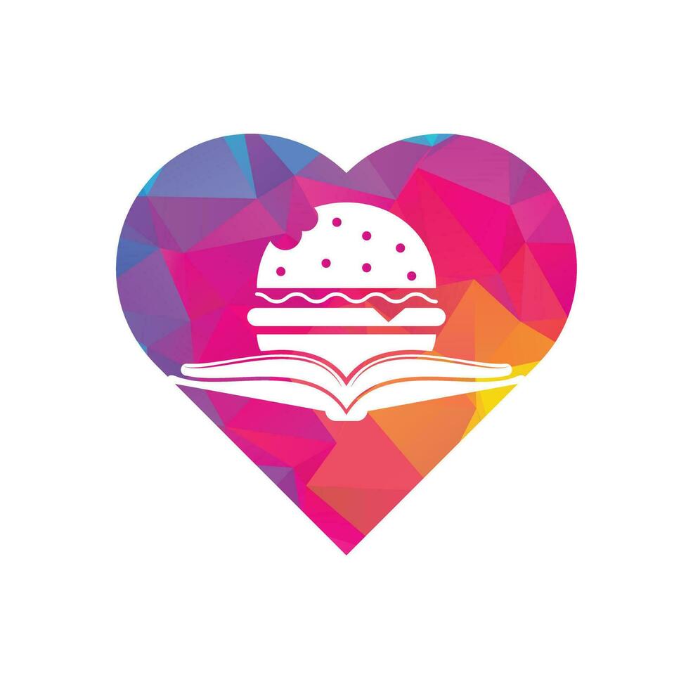 vector de diseño de logotipo de concepto de forma de corazón de libro de hamburguesas. libros y burger cafe logo vector aislado