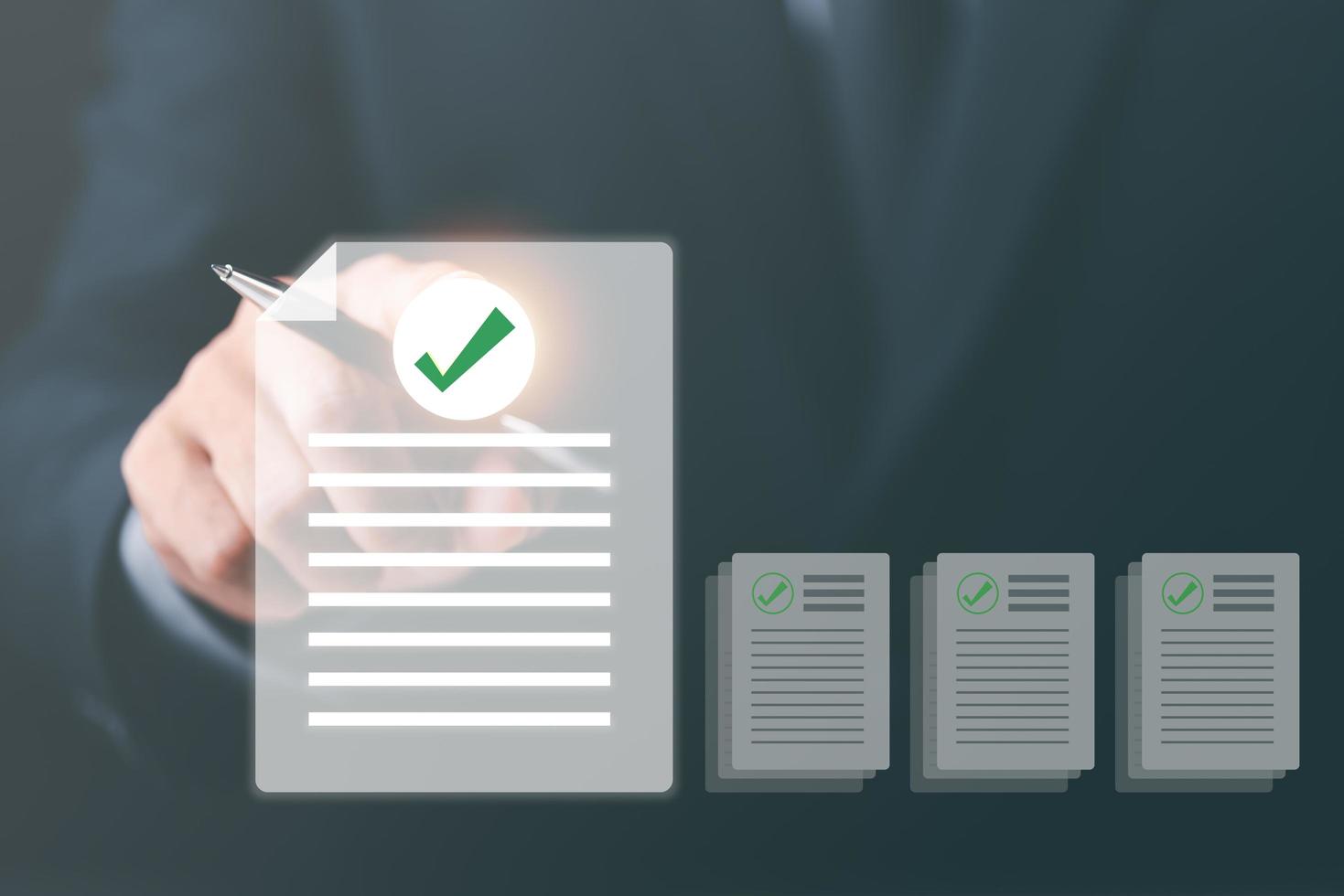 Businessmen review procedures through documents containing checkbox lists, rules of conduct concepts, rules and policies, company regulatory documents, terms and conditions. photo