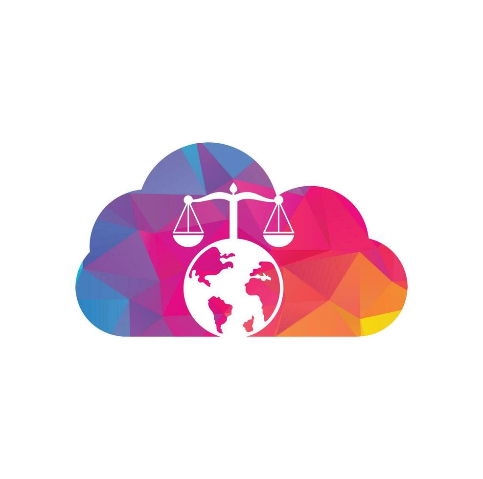 Law and globe cloud shape concept logo design template. Scales and world symbol or icon. vector
