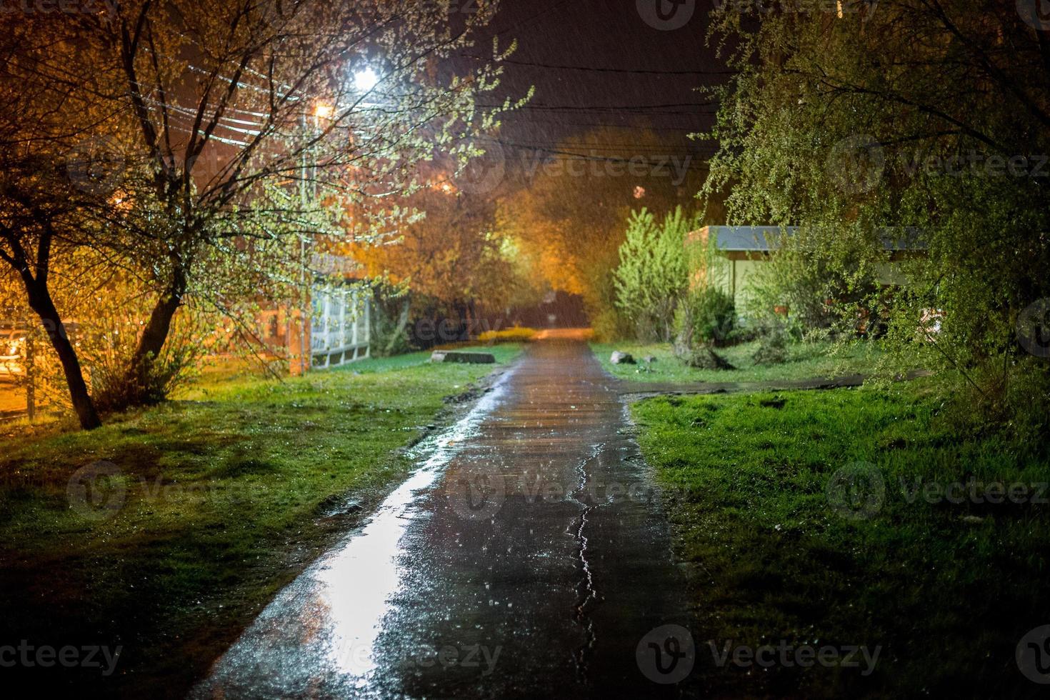 summer night russian suburbs lane at rainy night with defocused shallow depth of fiels technique photo