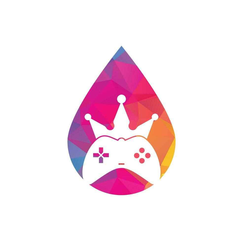 diseño del icono del logotipo del concepto de forma de gota del rey del juego. plantilla de logotipo de icono de joystick de corona de juego. vector