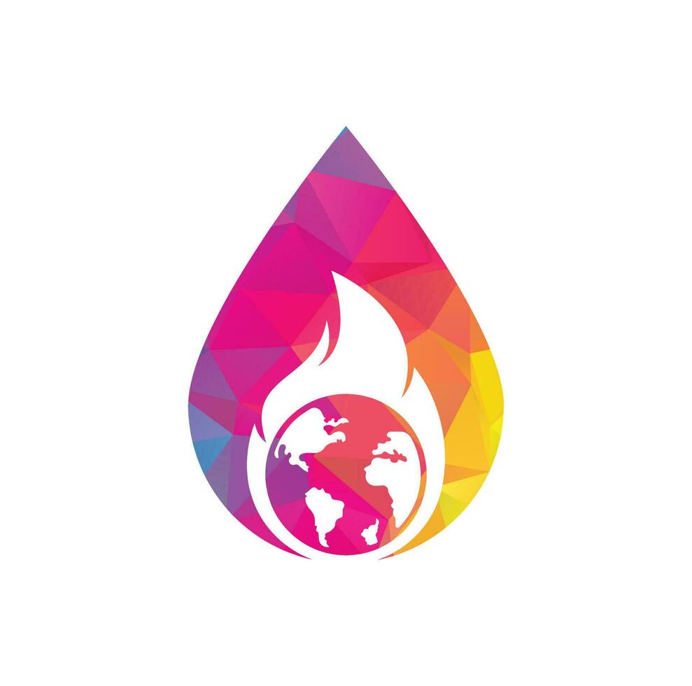 Fire Planet drop shape concept vector logo design template. Fire and earth icon design.