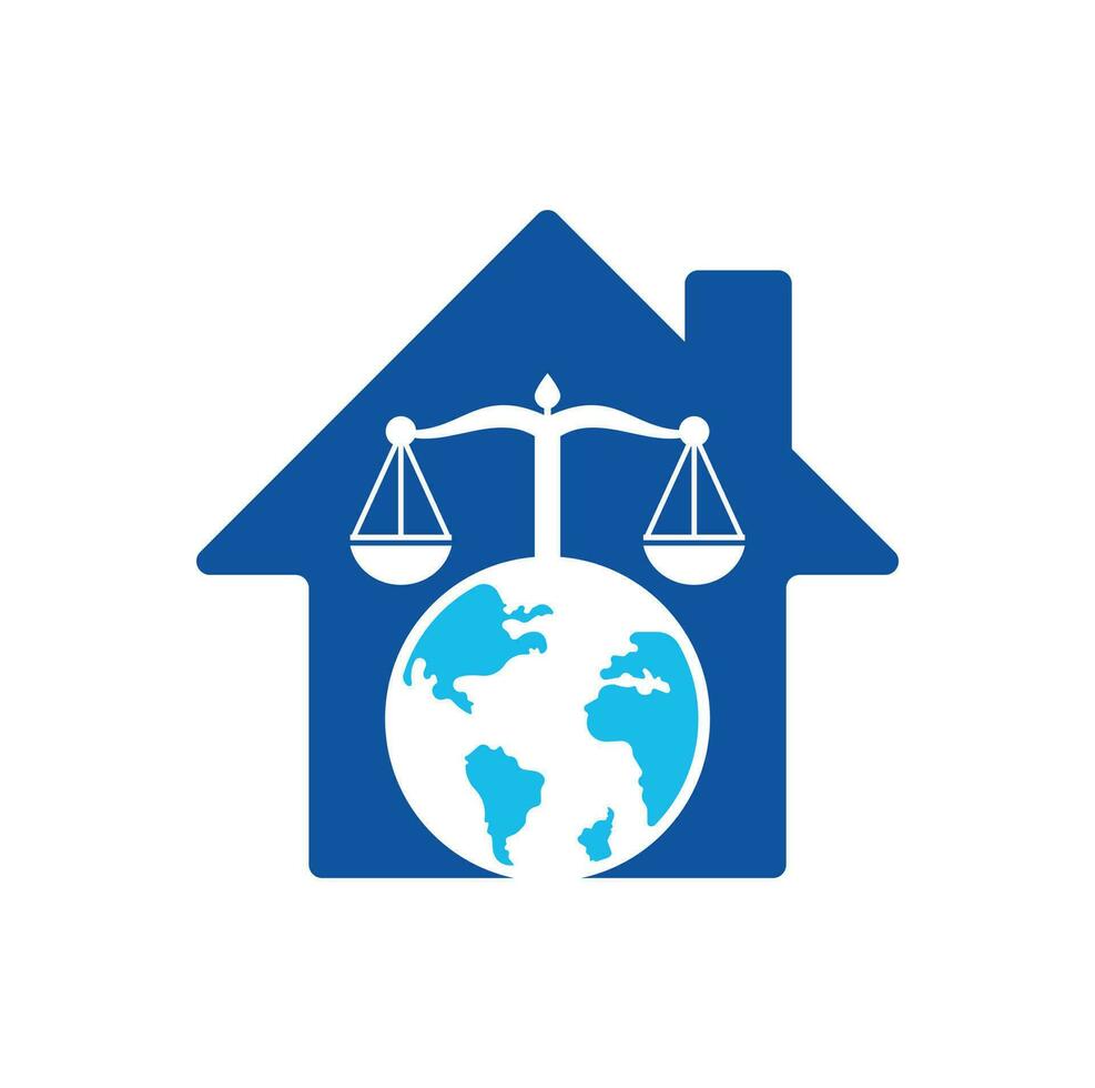 Law and globe home shape concept logo design template. Scales and world symbol or icon. vector