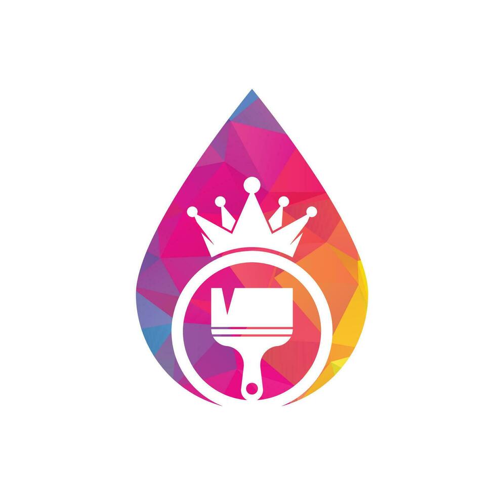 pintura rey y diseño de logotipo vectorial de concepto de forma de gota. icono de corona y pincel de pintura. vector