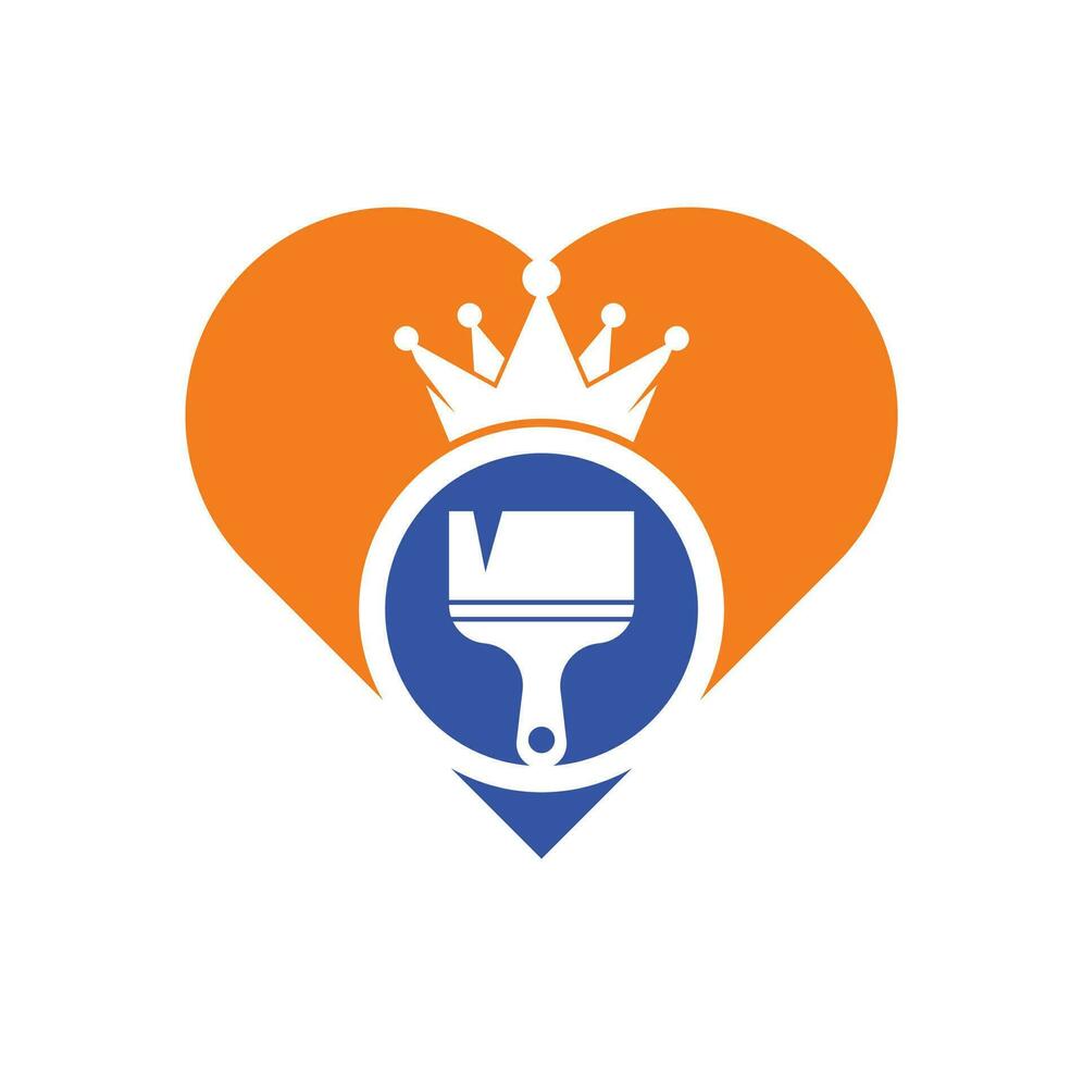 pintura de rey y diseño de logotipo vectorial de concepto de forma de corazón. icono de corona y pincel de pintura. vector