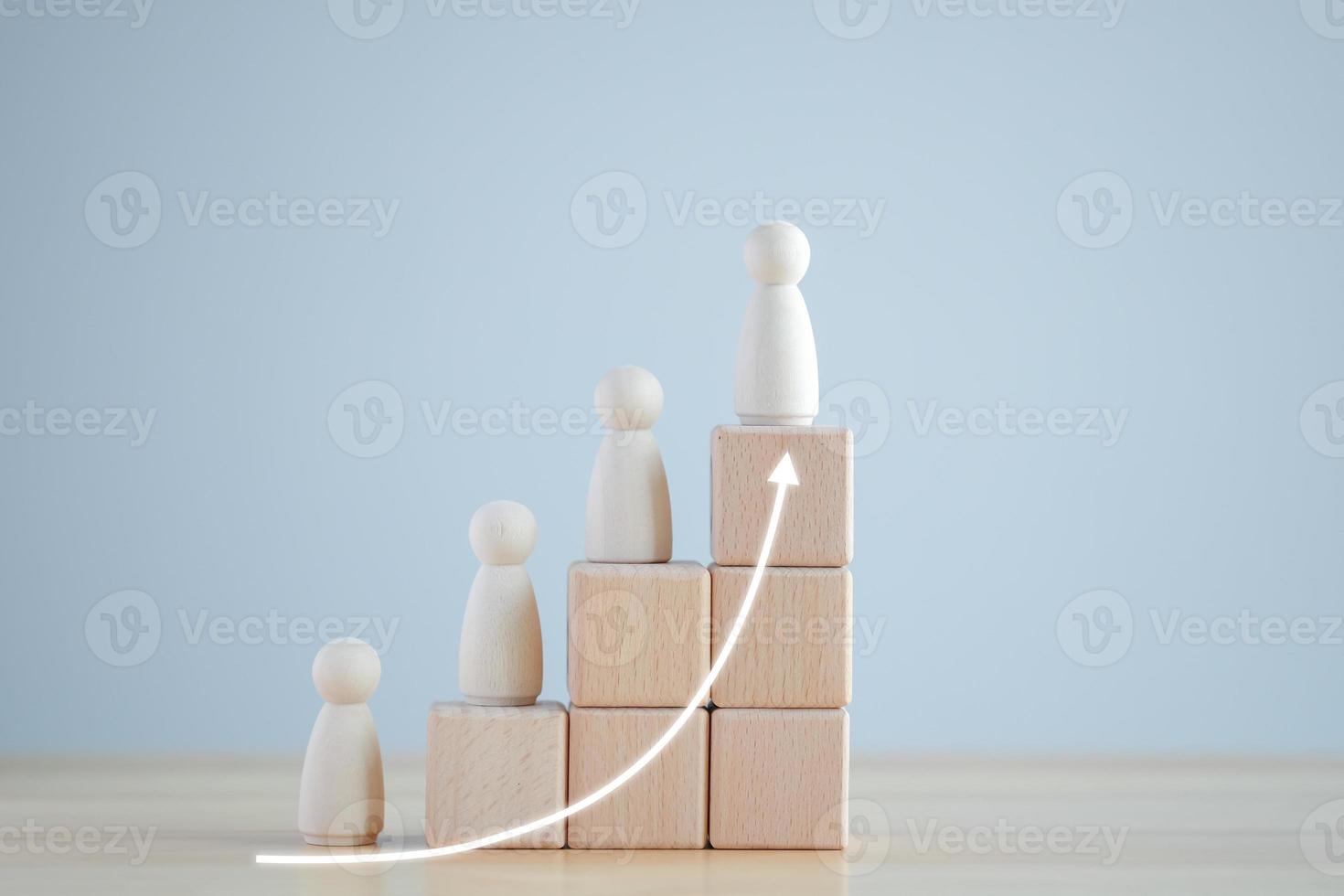 Human Resource Development concept, HRD, Evaluation, Human improvement. Performance Appraisal, Skill, Training, Success, Expert, Leadership, Wooden human on step of wooden stack and rise of arrow. photo