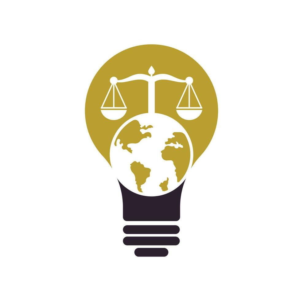 Law and globe bulb shape concept logo design template. Scales and world symbol or icon. vector