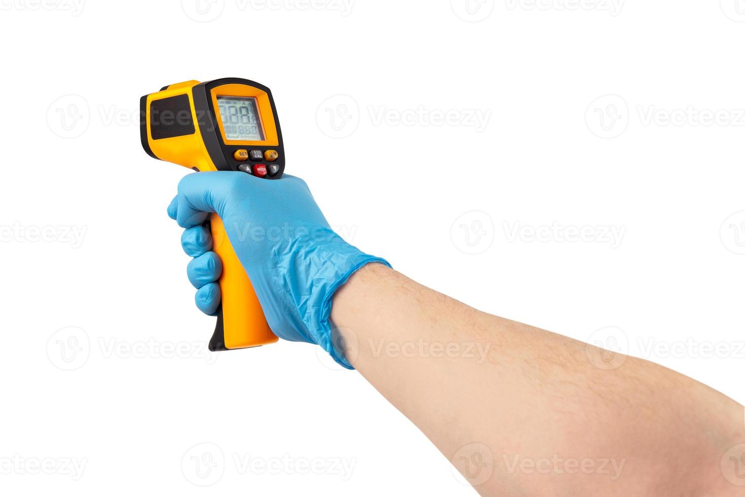 hand in blue medical latex glove aiming with infrared contactless thermometer isolated on white background, mockup display state with all on photo