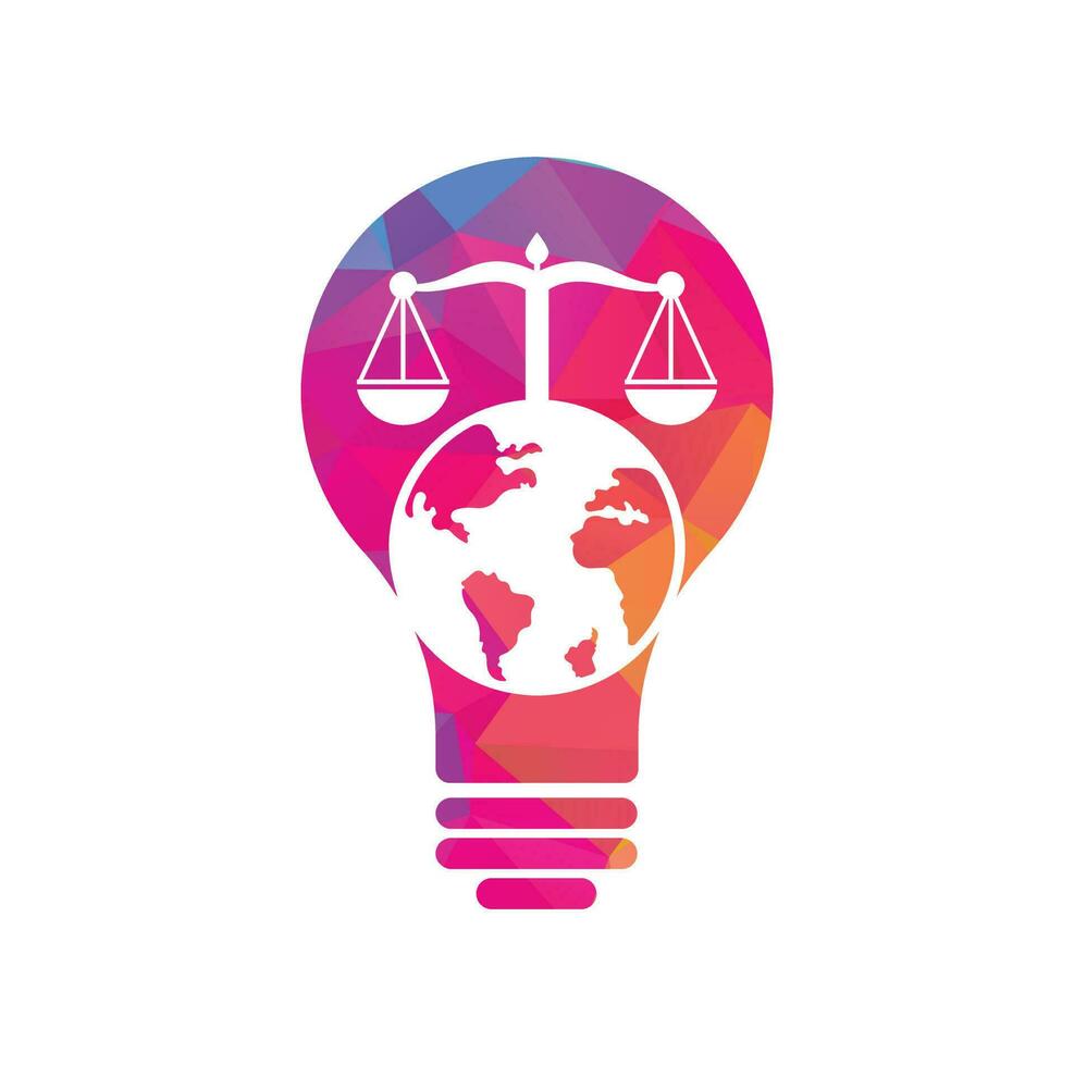 Law and globe bulb shape concept logo design template. Scales and world symbol or icon. vector