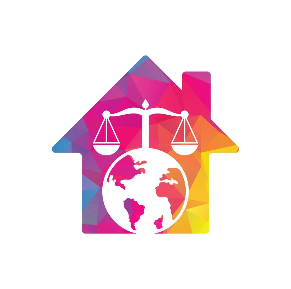 Law and globe home shape concept logo design template. Scales and world symbol or icon. vector
