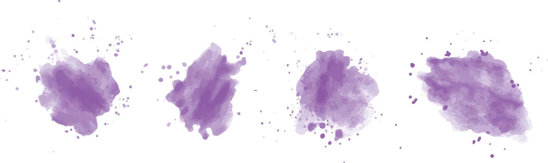 conjunto de salpicaduras de agua de acuarela púrpura abstracta sobre un fondo blanco. textura de acuarela vectorial en color azul. mancha de pincel de pintura de tinta. mancha de luz suave púrpura. salpicaduras de acuarela violeta vector