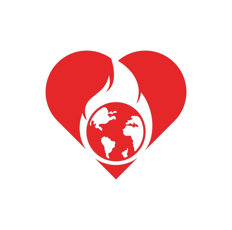 Fire Planet heart shape concept vector logo design template. Fire and earth icon design.