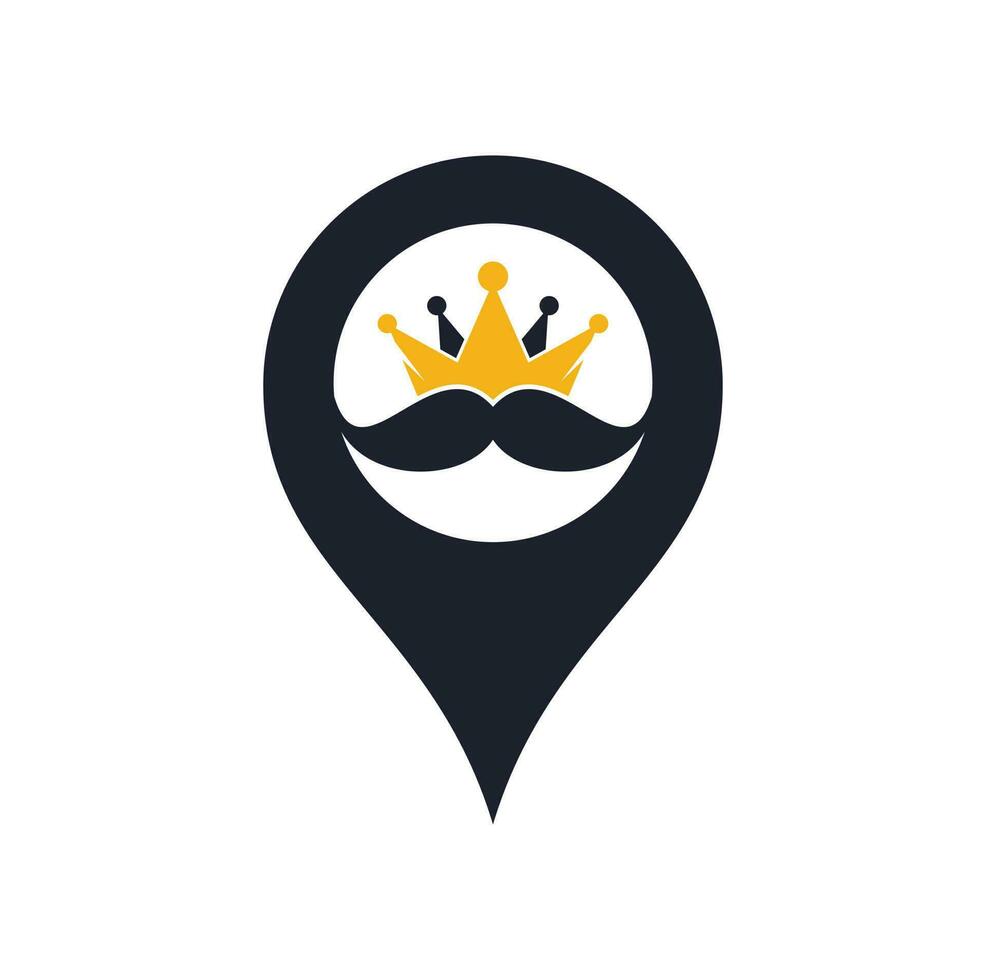 Mustache king map pin shape concept vector logo design. Elegant stylish mustache crown logo.