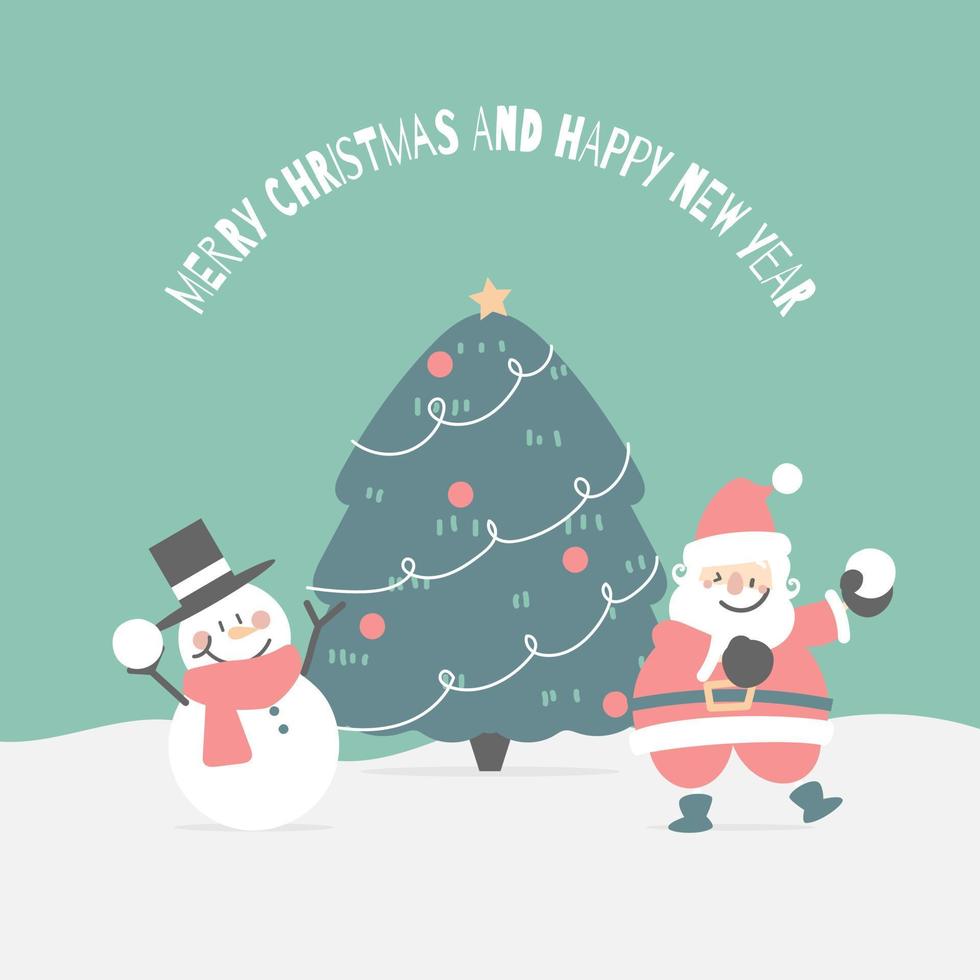 merry christmas and happy new year with cute santa claus and snowman in the winter season, flat vector illustration cartoon character costume design