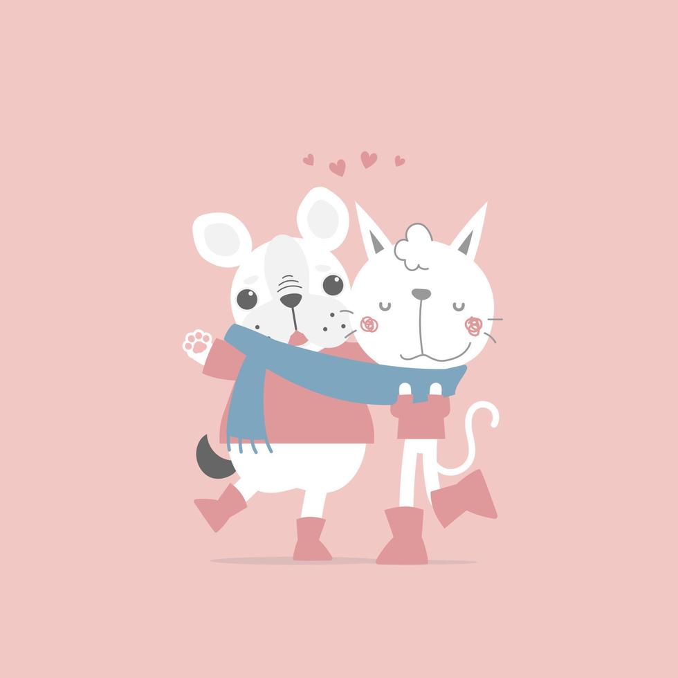 lindo y encantador gato y perro dibujados a mano, feliz día de san valentín, diseño de vestuario de personaje de dibujos animados de ilustración vectorial plana vector