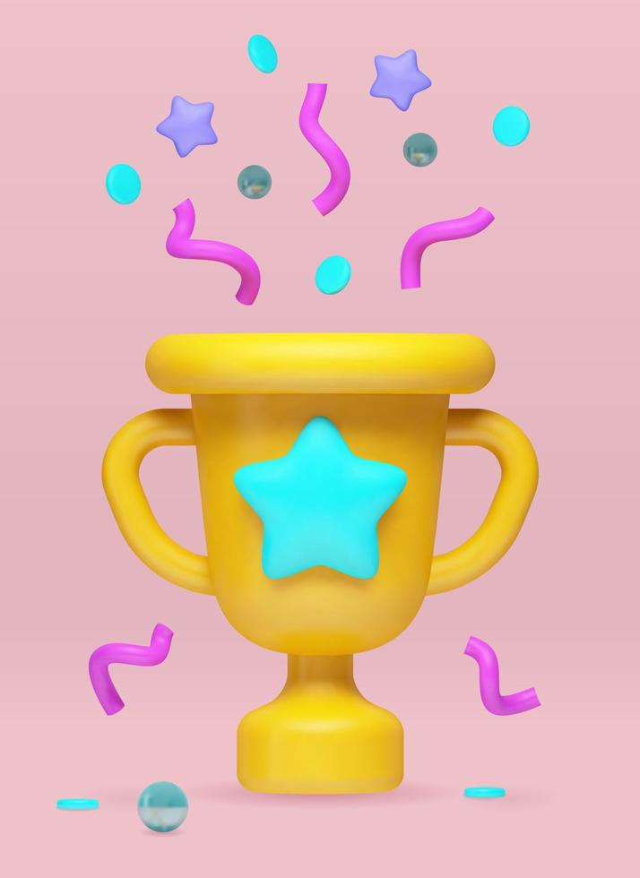 Vector 3d realistic illustration, reward, yellow cartoon goblet with a star and tinsel and confetti flying out of it