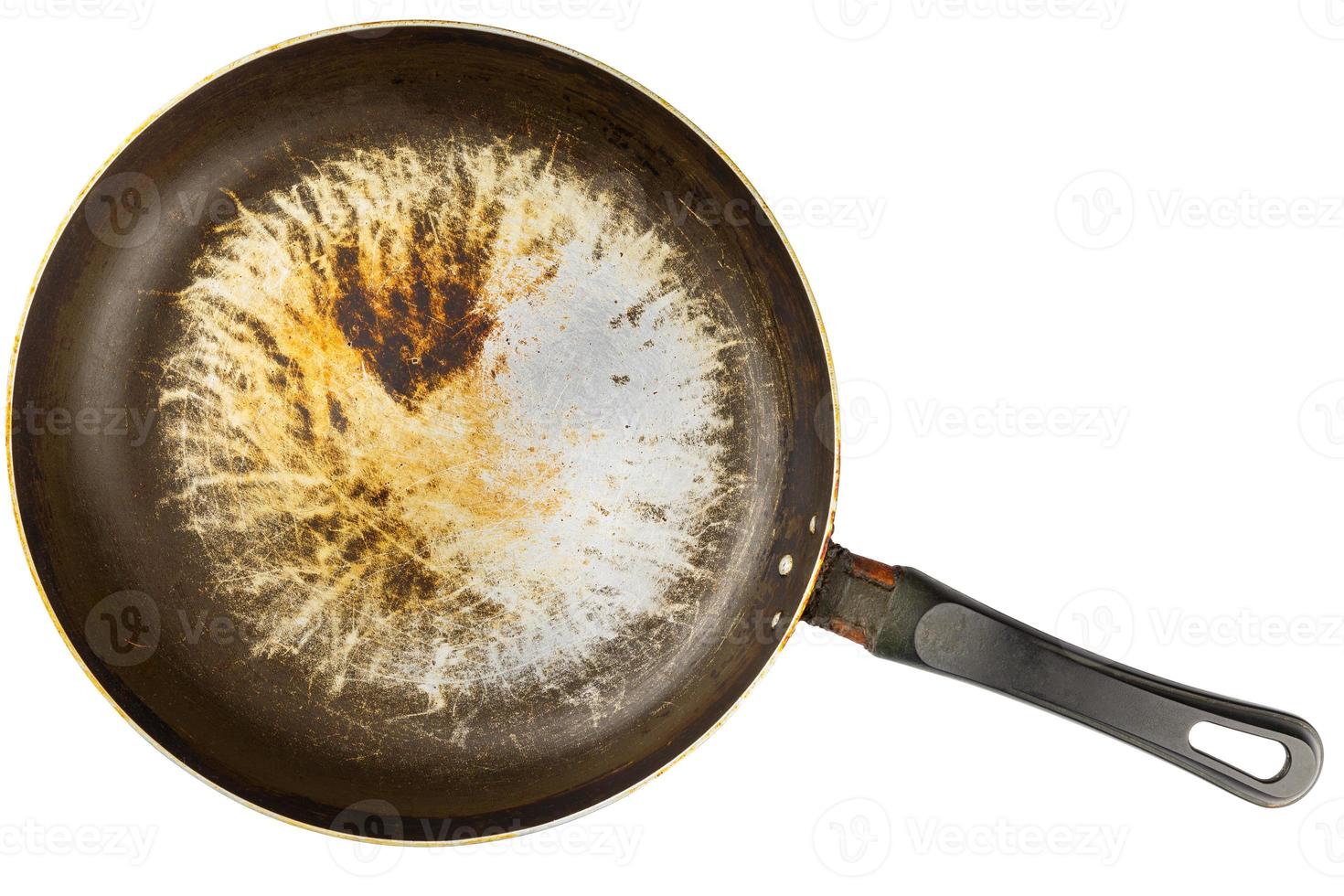 old stained aluminium pan with burnt fat and peeled off TFE non-stick coating and burnt fat in flat lay perspective isolated photo