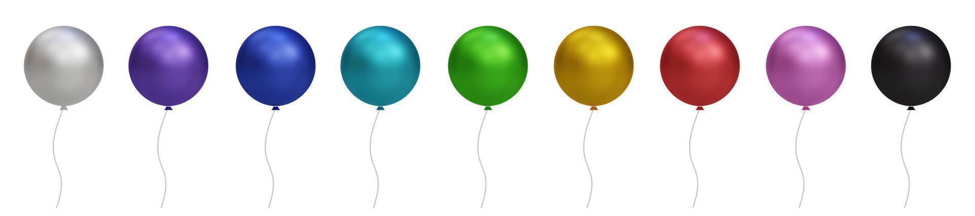 Conjunto de globos de aire de helio brillante colorido brillante 3d aislado sobre fondo transparente. vector realista dorado, plateado, blanco, dorado colorido y negro festivo. plantilla para aniversario, fiesta de cumpleaños