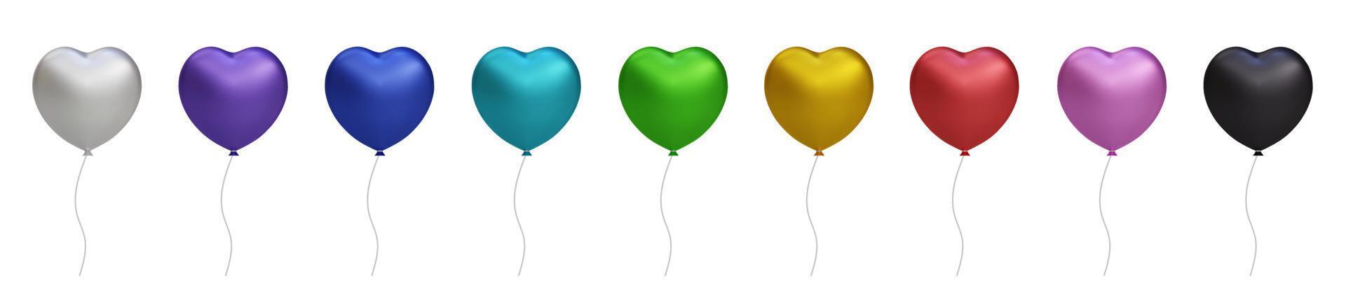 3d shiny colorful heart, glossy helium air balloon set isolated on transparent background. Vector realistic gold, silver, white, golden colorful and black festive. Template for anniversary, birthday