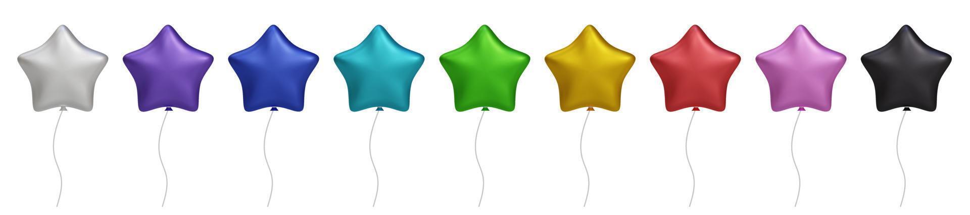 Estrella de colores brillantes 3d, conjunto de globos de aire de helio brillante aislado sobre fondo transparente. vector realista dorado, plateado, blanco, dorado colorido y negro festivo. plantilla para aniversario, cumpleaños