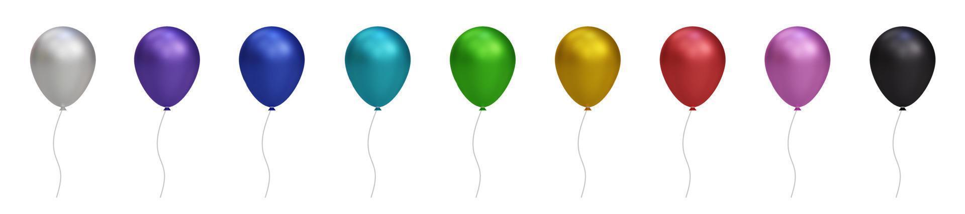 Conjunto de globos de aire de helio brillante colorido brillante 3d aislado sobre fondo transparente. vector realista dorado, plateado, blanco, dorado colorido y negro festivo. plantilla para aniversario, fiesta de cumpleaños