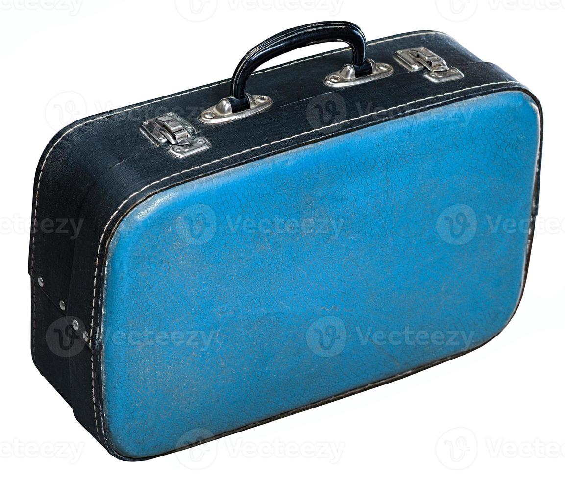 Old blue baggage case isolated on white background photo